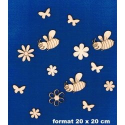 SKLEJKA #3mm Pszczoła, motylek, kwiatuszki  kmpl: 14szt / SKLEJKA #3mm, kwiaty, pszczoły